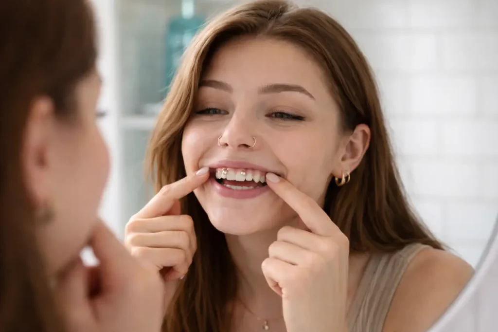 Femme vérifiant son piercing smiley devant un miroir dans une salle de bain