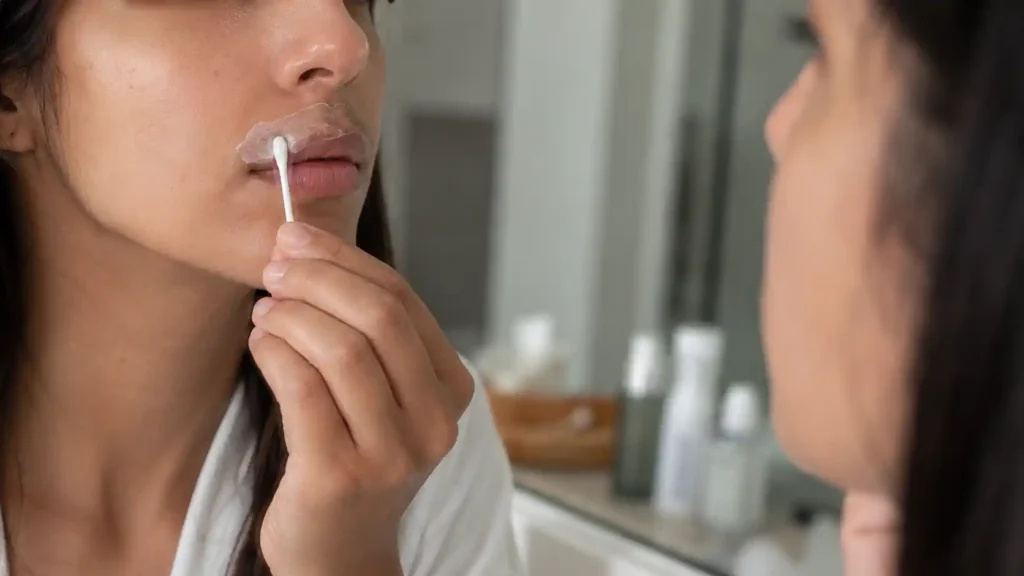Femme appliquant une crème décolorante sur le duvet au-dessus de la lèvre supérieure devant un miroir