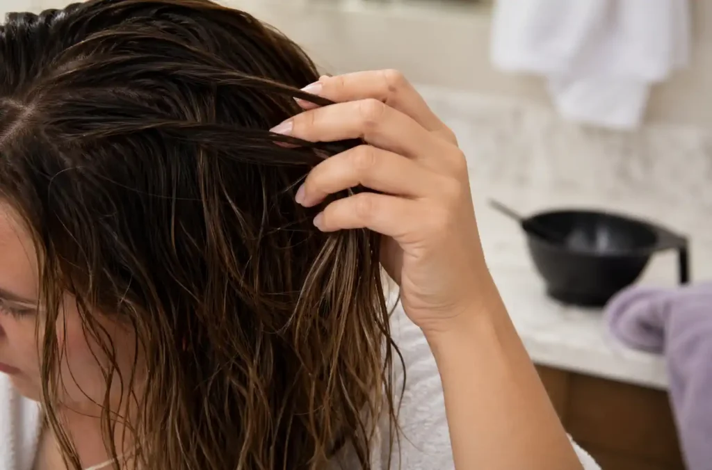 Main séparant des mèches de cheveux humides essorés avant une coloration