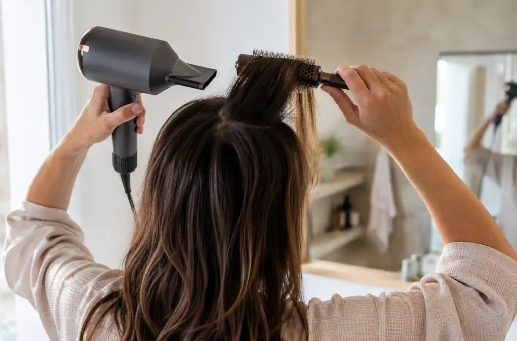 Femme qui sèche les racines au sommet du crâne pour atténuer une raie visible