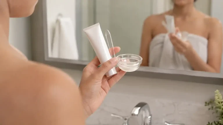 Main tenant un kit de crème décolorante devant un miroir de salle de bain