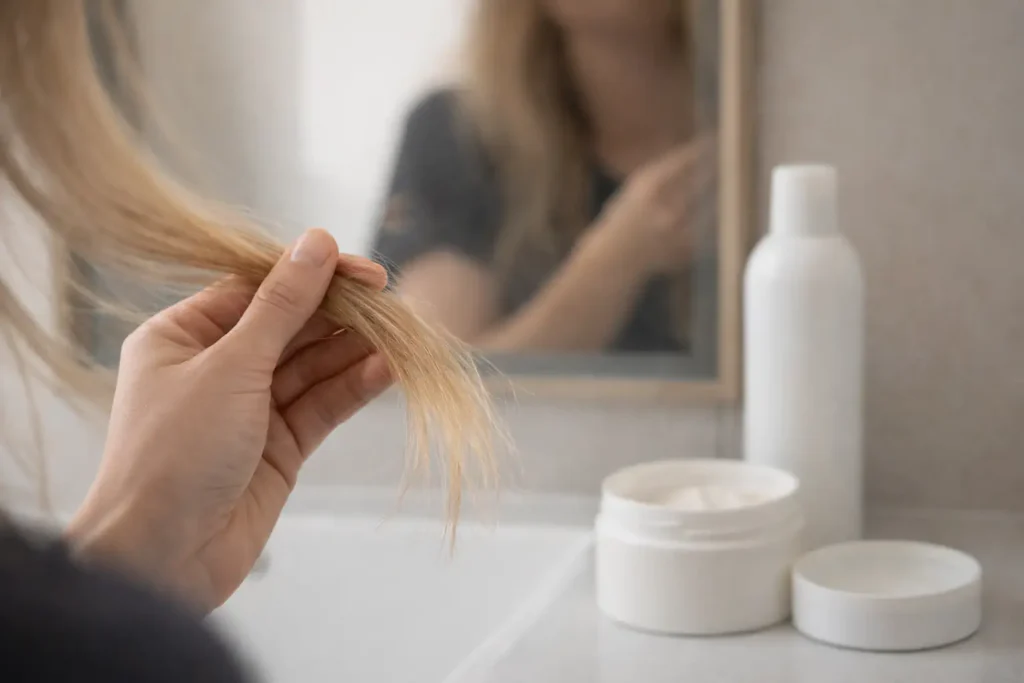 Mèche blonde tenue devant un miroir avec produits neutres de soin, sans marque