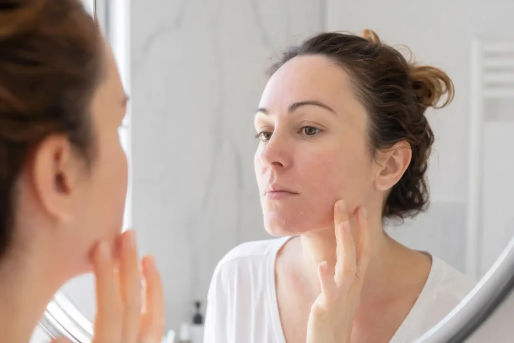 Femme observant une légère desquamation du visage après un peeling aux algues