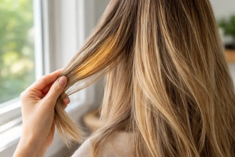 Zone plus jaune visible sur une mèche blonde en lumière naturelle