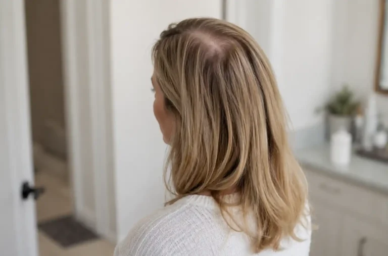 Femme blonde vue de dos avec perte de densité au sommet du crân