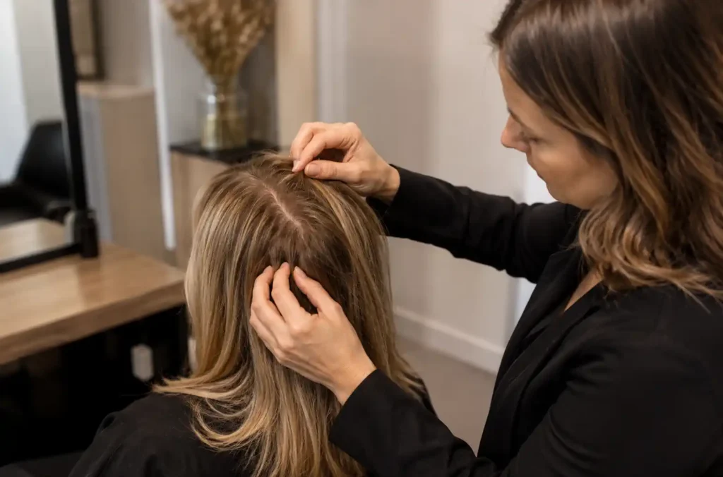 Coiffeuse observant le sommet du crâne d’une femme en salon de coiffure