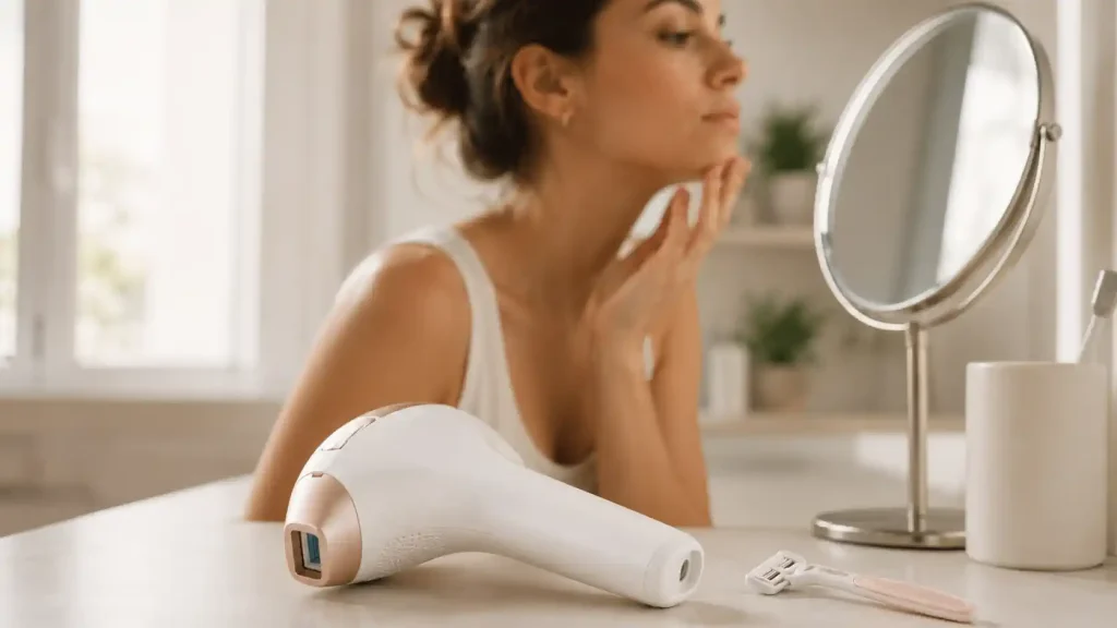 Appareil de lumière pulsée posé dans une salle de bain avant une utilisation sur le visage