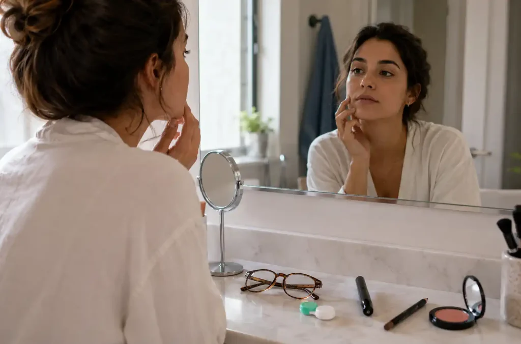 Coiffeuse avec lunettes posées, étui de lentilles et produits de maquillage devant un miroir