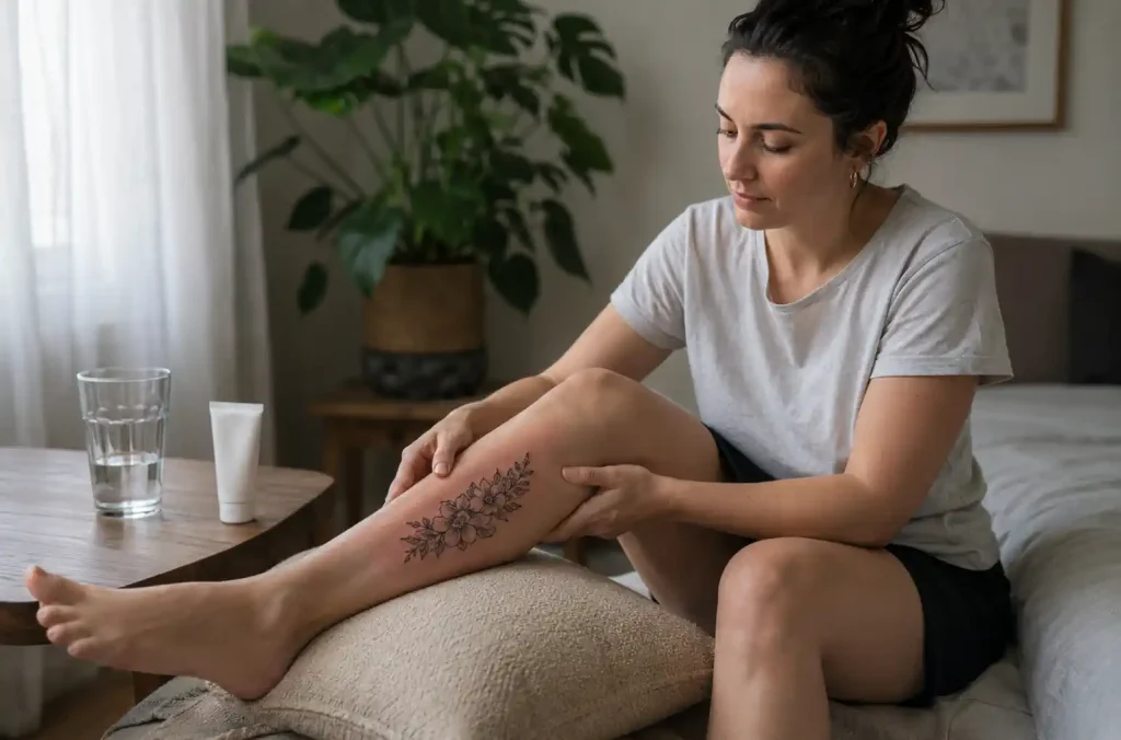 Femme assise avec un tatouage récent au mollet et la jambe légèrement surélevé