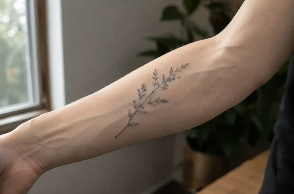 Bras veineux avec tatouage aux lignes fines, rendu net malgré des veines apparentes