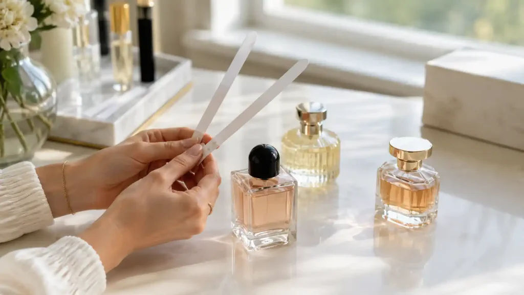 Comparaison de plusieurs parfums avec des mouillettes avant achat