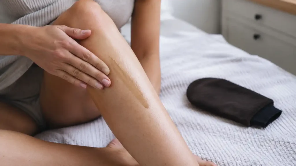 Application d’un autobronzant sur une jambe claire pour obtenir un hâle sans UV