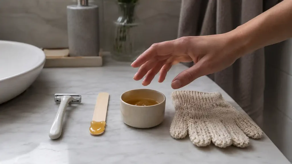 Rasoir, cire et accessoire exfoliant pour comparer les méthodes d’épilation