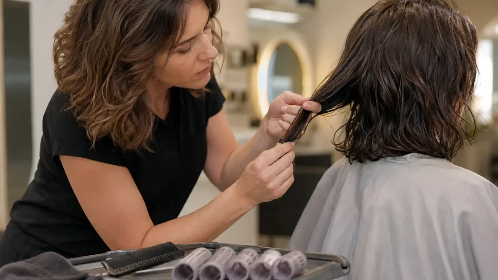 Coiffeuse vérifiant une mèche de cheveux avant une permanente