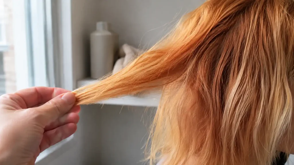 Mèche orangée et zones plus claires après décoloration, vue près d’une fenêtr