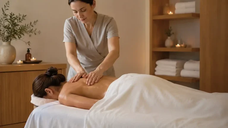 Femme recevant un massage relaxant du corps entier en institut avec drapage
