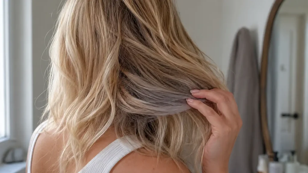 Pointes de cheveux blonds grisées après une patine ratée