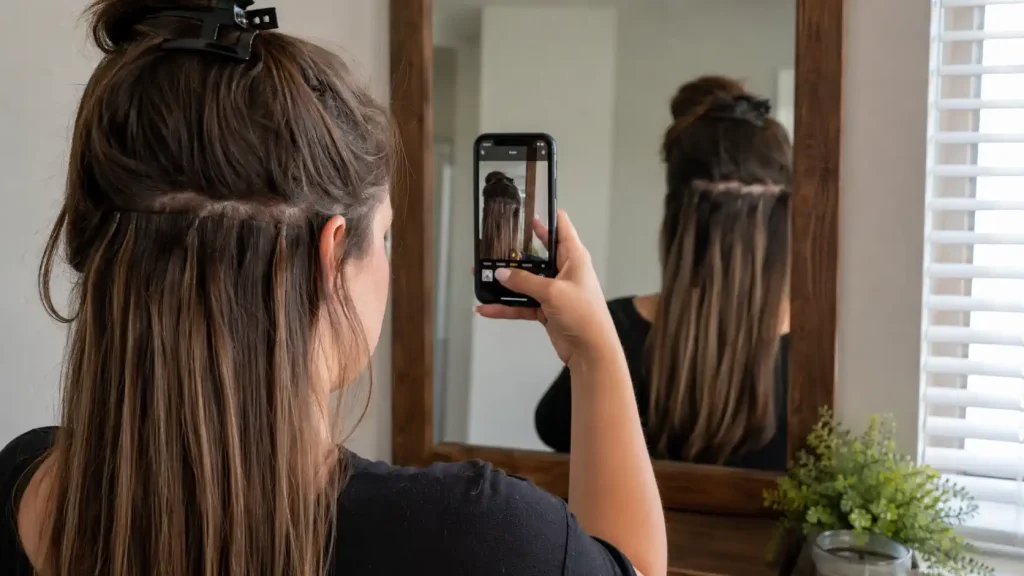 Femme prenant en photo une pose d’extensions ratée devant un miroir