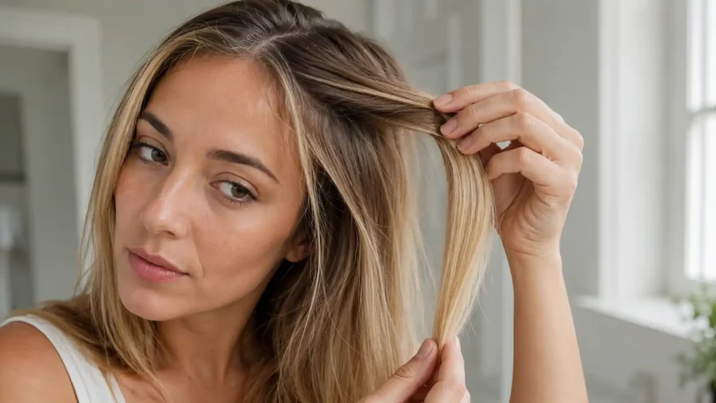 Femme comparant ses racines naturelles et ses longueurs blondes méchées