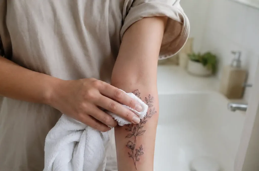 Tatouage récent séché délicatement avec une serviette propre après la douche