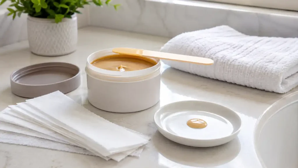 Pot de cire, spatule et goutte de cire testée sur une coupelle avant utilisation