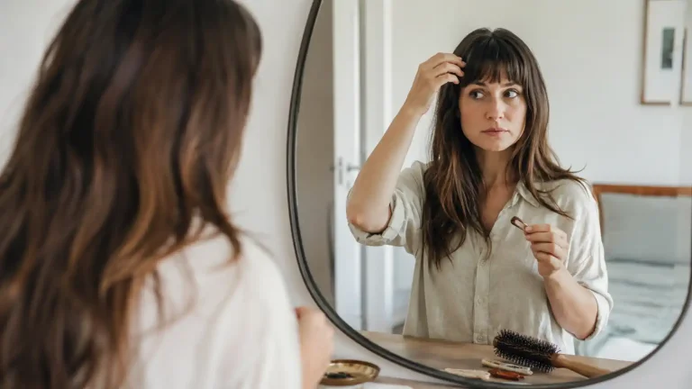 Femme observant sa frange trop courte devant un miroir avec une barrette
