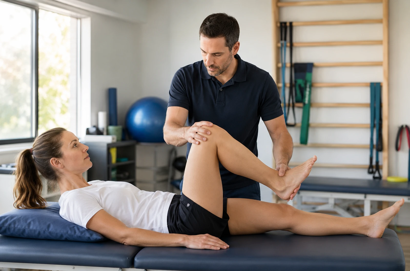 Kinésithérapeute guidant un exercice du genou avec une patiente