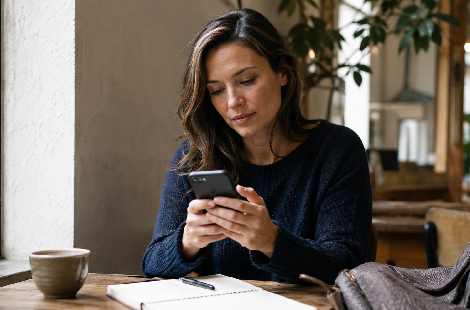Femme rédigeant un message sur son téléphone pour sortir du flou relationnel