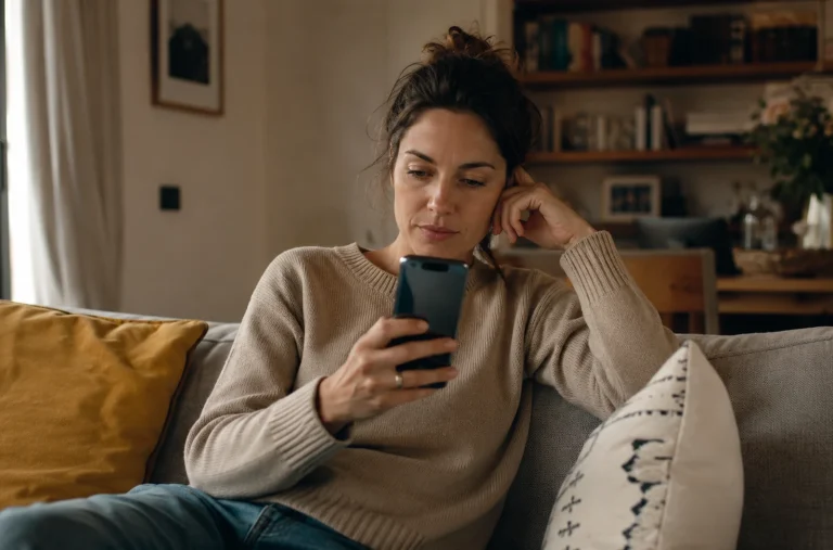 Femme regardant son téléphone après avoir consulté les vues de ses stories