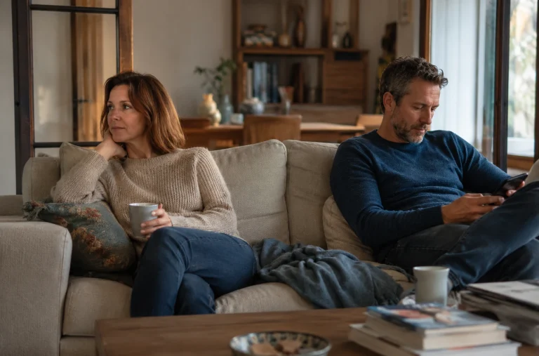 Couple assis dans un salon avec une distance physique et émotionnelle perceptible