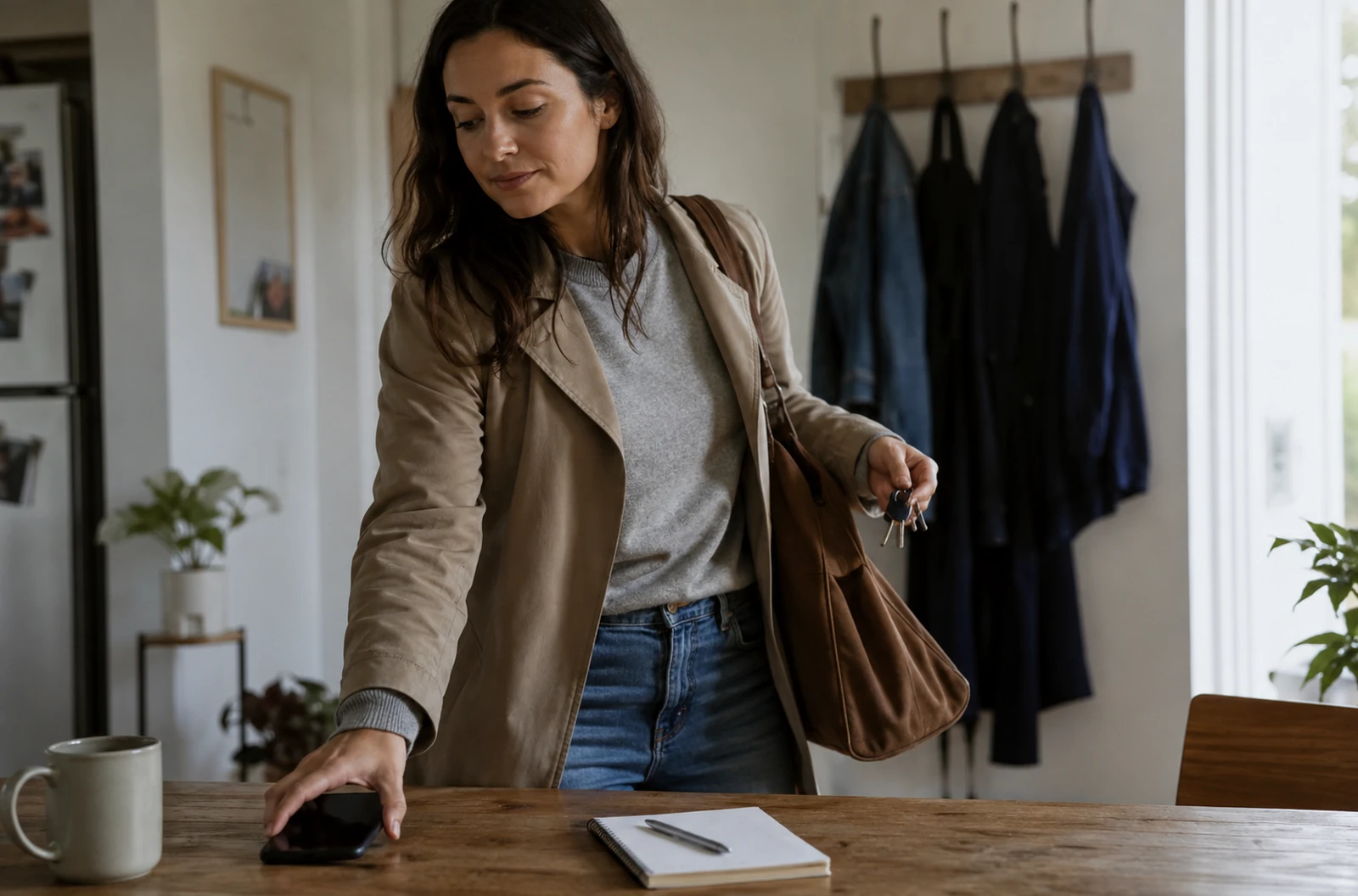 Personne laissant son téléphone sur une table avant de sortir