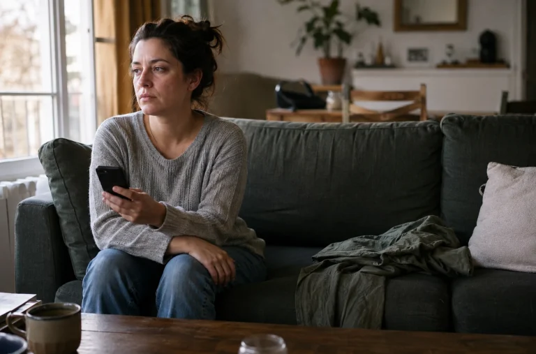 Femme seule avec son téléphone après une rupture sans explication